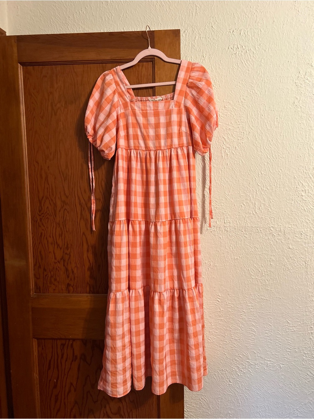 Gingham Puff-Sleeve Tiered Maxi Dress - Peach Orange